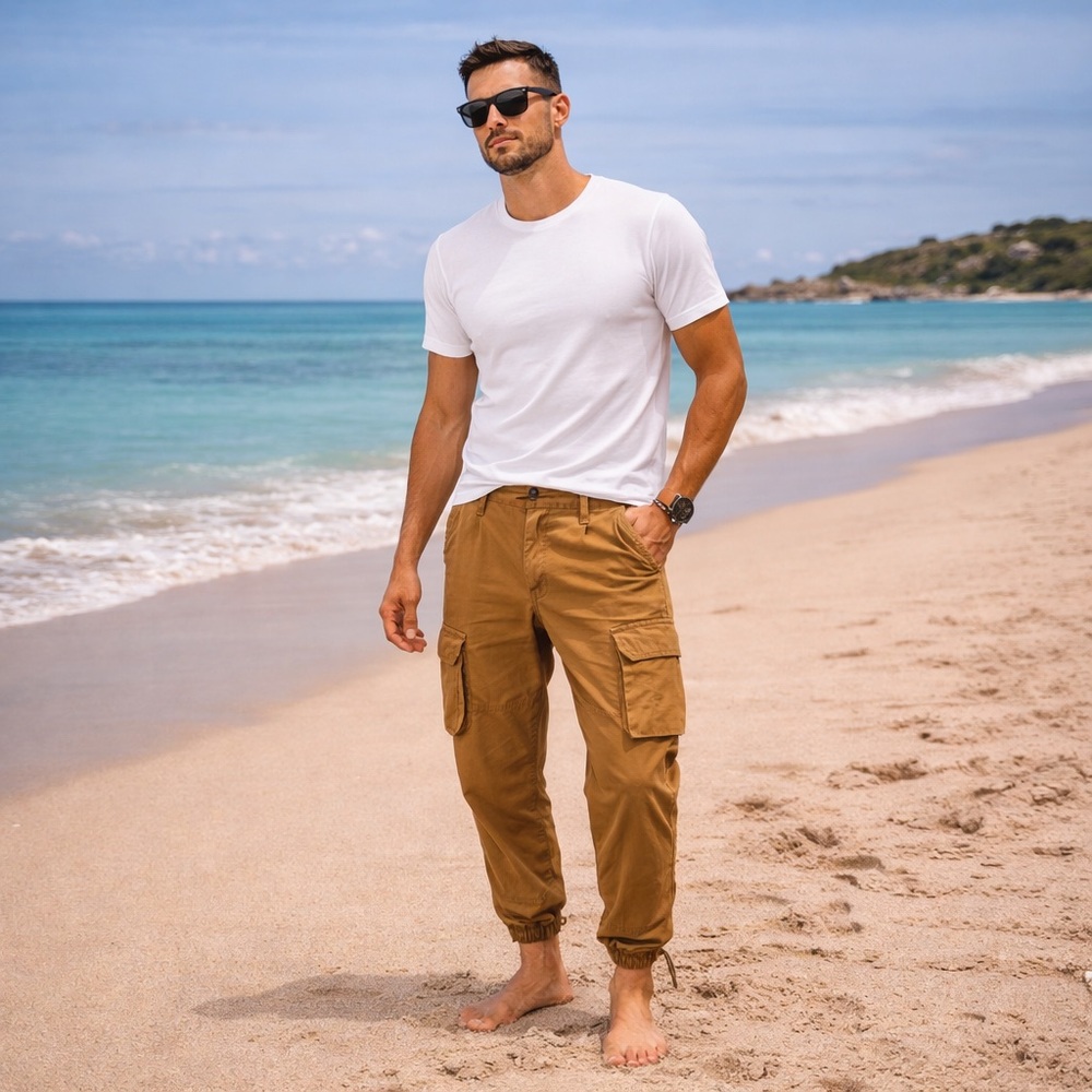 Khaki Utility Cargo Pants – Luxe Cotton Blend with Drawstring Hem